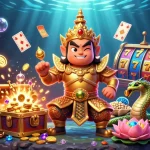 Experience top-tier gaming with QQ88 Social's vibrant casino illustration showcasing slot elements and Thai guardian characters.
