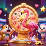 Dewabos138 menunjukkan suasana permainan slot yang menggembirakan dengan roda hadiah dan karakter lucu.