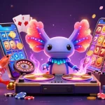 Slot bet kecil dengan karakter 3D ceria dan simbol-simbol permainan kasino yang menarik.