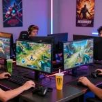 Exciting gaming scene showcasing friends enjoying rokok88 games in a vibrant setup.
