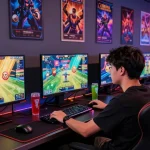 Pengalaman bermain game online dengan Link LUXURY777 di ruang gaming modern, pemain antusias di depan layar besar.