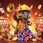 Gambaran menarik kuy138 di mana triceratops merayakan kemenangan dengan chip poker dan elemen kasino lainnya.