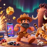 Experience mahjong slot excitement with a cartoon caveman and sabertooth duo at a vibrant casino.