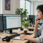 Customer support representative assisting with rajaberas88 helpdesk, bright and modern office environment.