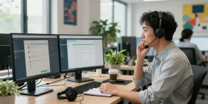 Customer support representative assisting with rajaberas88 helpdesk, bright and modern office environment.