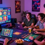 Permainan NENG4D dengan teman-teman di ruang permainan yang nyaman, menampilkan slot online yang menghibur.