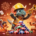 Kuatoke showcasing a vibrant casino scene with a triceratops and festive elements celebrating gambling excitement.