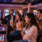 Friends celebrating a win at a rokok88 slot machine in a vibrant casino setting