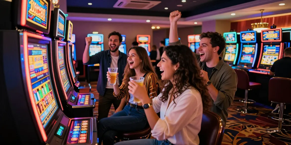 Friends celebrating a win at a rokok88 slot machine in a vibrant casino setting