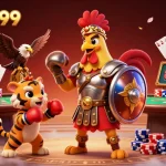Bolaslot99 showcasing a vibrant casino scene with a gladiator rooster and poker elements.