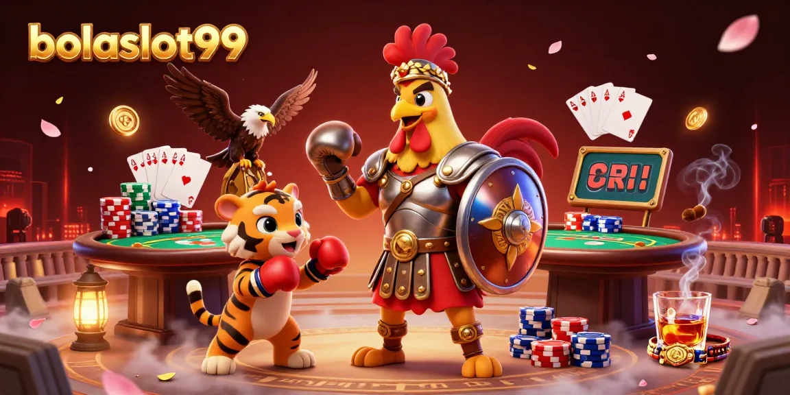 Bolaslot99 showcasing a vibrant casino scene with a gladiator rooster and poker elements.