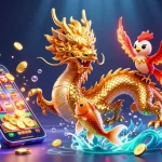 Menggambarkan suasana "togel resmi" dengan naga emas dan ikan koi melompat di atas tumpukan koin emas, dikelilingi elemen permainan kasino yang menarik.