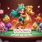 Gambarlah toto121 dengan putri duyung berkendara di seahorse, dikelilingi elemen kasino seperti meja poker.