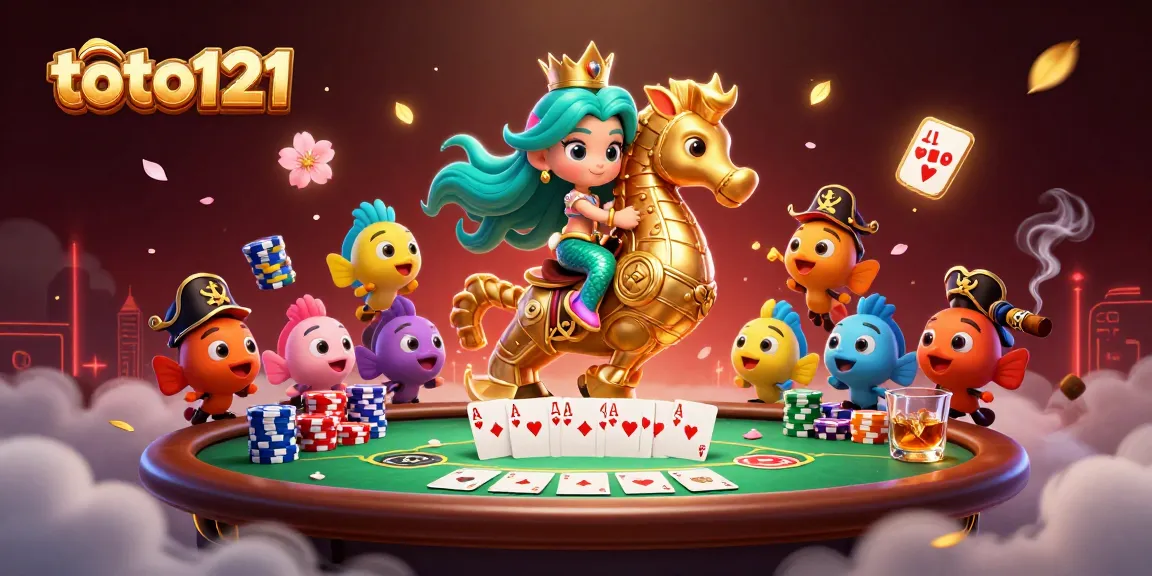 Gambarlah toto121 dengan putri duyung berkendara di seahorse, dikelilingi elemen kasino seperti meja poker.